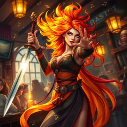 A female fire genasi bard, her hair resembling flickering flames in shades of bright orange and deep red, is depicted striking a dynamic pose