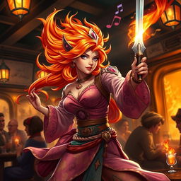 A female fire genasi bard, her hair resembling flickering flames in shades of bright orange and deep red, is depicted striking a dynamic pose