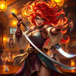 A female fire genasi bard, her hair resembling flickering flames in shades of bright orange and deep red, is depicted striking a dynamic pose
