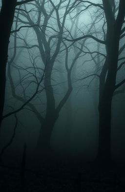 A haunting scene of a cold, dark, and foggy woods, emphasizing its eerie and creepy atmosphere