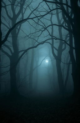 A haunting scene of a cold, dark, and foggy woods, emphasizing its eerie and creepy atmosphere