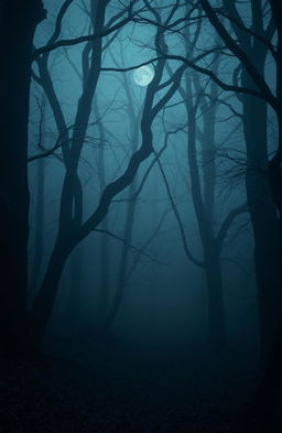 A haunting scene of a cold, dark, and foggy woods, emphasizing its eerie and creepy atmosphere