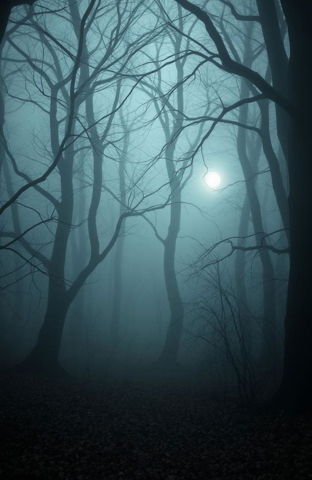 A haunting scene of a cold, dark, and foggy woods, emphasizing its eerie and creepy atmosphere