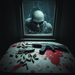A scene depicting a dimly lit room with a blood-splattered table, showcasing several bullet casings, a handgun, and an AK-47 prominently displayed