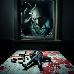 A scene depicting a dimly lit room with a blood-splattered table, showcasing several bullet casings, a handgun, and an AK-47 prominently displayed