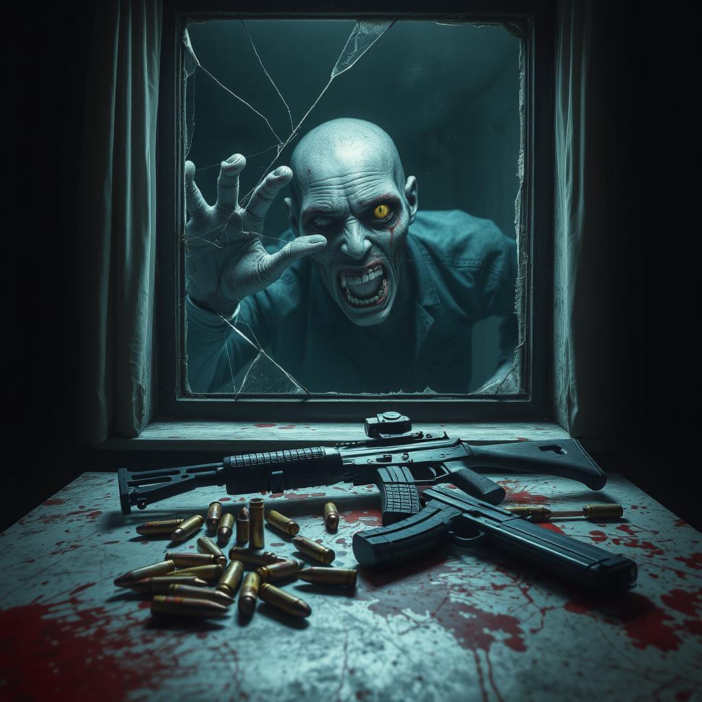 A scene depicting a dimly lit room with a blood-splattered table, showcasing several bullet casings, a handgun, and an AK-47 prominently displayed