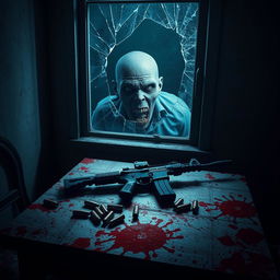 A scene depicting a dimly lit room with a blood-splattered table, showcasing several bullet casings, a handgun, and an AK-47 prominently displayed