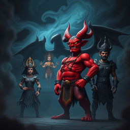 In a bold 3D scene, the powerful demon Shumbh, characterized by his fierce red complexion and intimidating stature, is depicted commanding his loyal demon generals, Chand and Mund