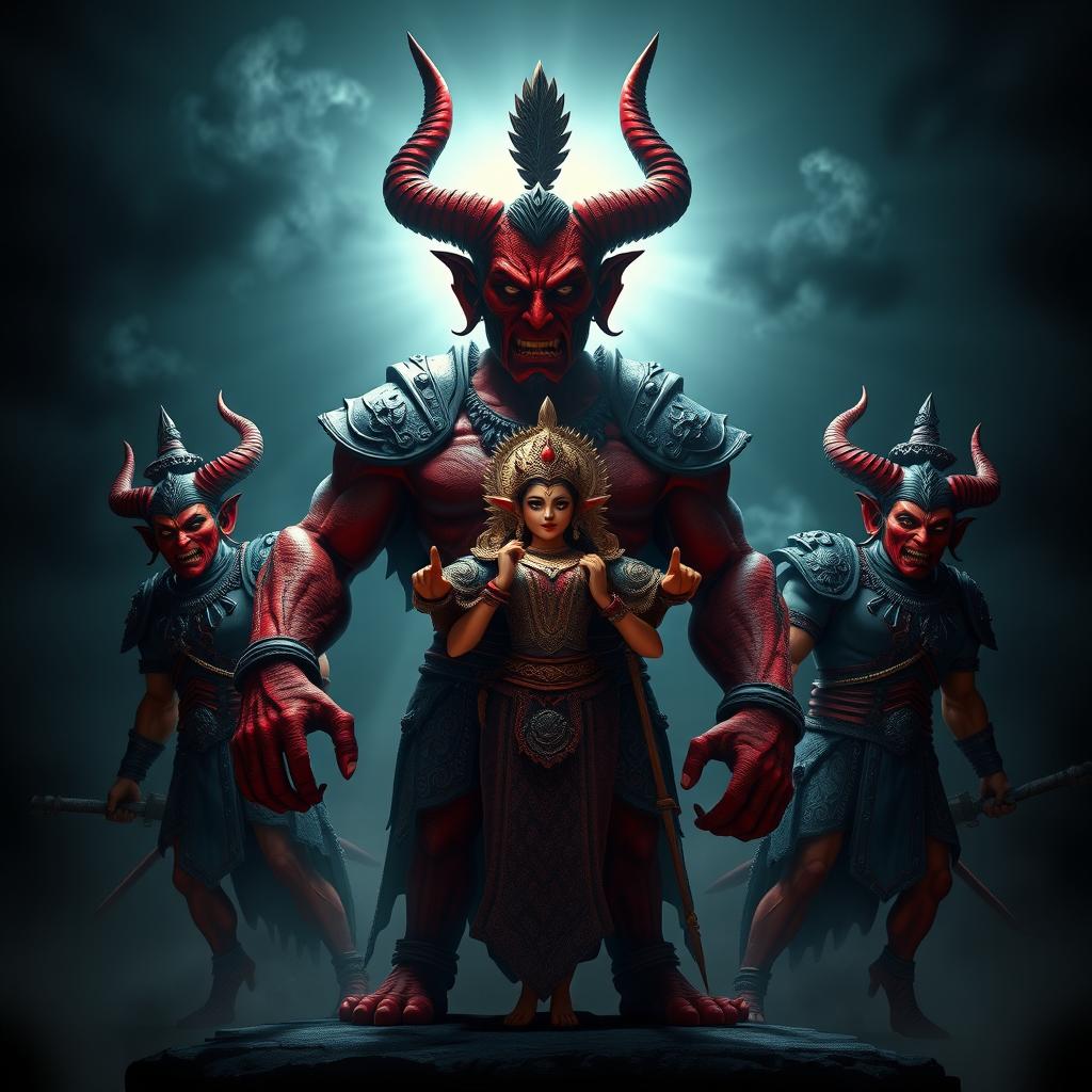 In a bold 3D scene, the powerful demon Shumbh, characterized by his fierce red complexion and intimidating stature, is depicted commanding his loyal demon generals, Chand and Mund