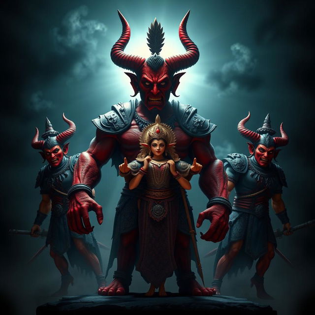 In a bold 3D scene, the powerful demon Shumbh, characterized by his fierce red complexion and intimidating stature, is depicted commanding his loyal demon generals, Chand and Mund