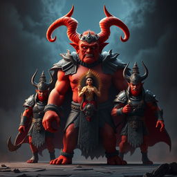 In a bold 3D scene, the powerful demon Shumbh, characterized by his fierce red complexion and intimidating stature, is depicted commanding his loyal demon generals, Chand and Mund