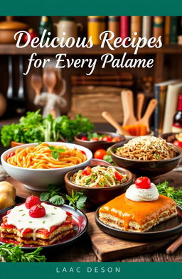 A beautifully designed e-cookbook cover with an assortment of colorful and appetizing dishes beautifully arranged