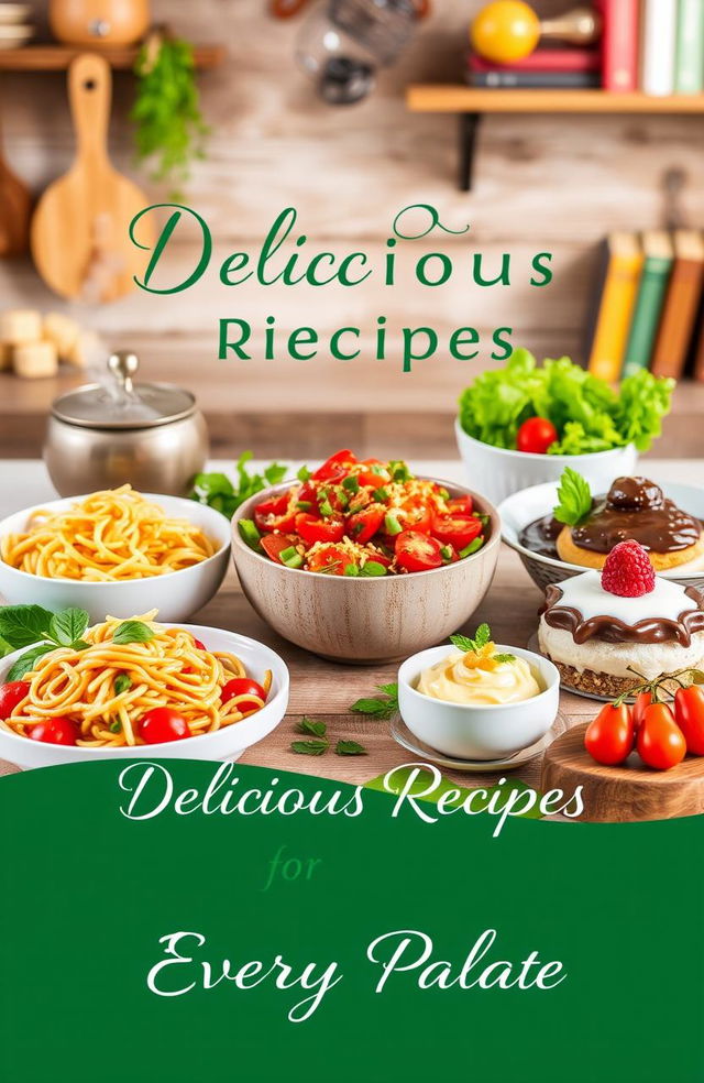 A beautifully designed e-cookbook cover with an assortment of colorful and appetizing dishes beautifully arranged