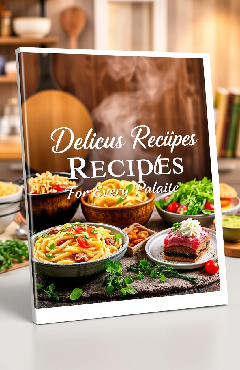 A beautifully designed e-cookbook cover with an assortment of colorful and appetizing dishes beautifully arranged
