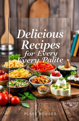 A beautifully designed e-cookbook cover with an assortment of colorful and appetizing dishes beautifully arranged