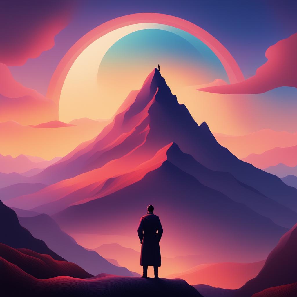 A high-quality digital artwork inspired by 'Thus Spoke Zarathustra', featuring a solitary figure standing atop a mountain peak against a vibrant dawn sky