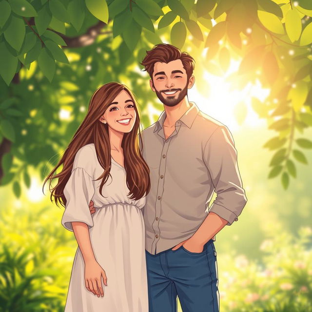 A semi-realistic illustration of a couple standing together in a sunlit setting