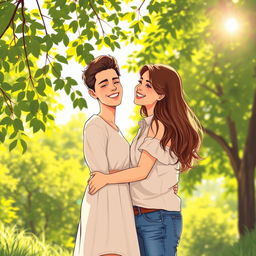 A semi-realistic illustration of a couple standing together in a sunlit setting