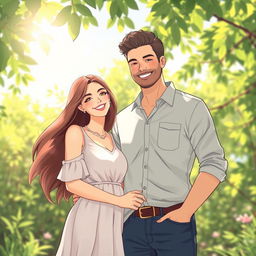 A semi-realistic illustration of a couple standing together in a sunlit setting