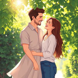 A semi-realistic illustration of a couple standing together in a sunlit setting