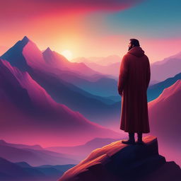 A high-quality digital artwork inspired by 'Thus Spoke Zarathustra', featuring a solitary figure standing atop a mountain peak against a vibrant dawn sky