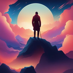 A high-quality digital artwork inspired by 'Thus Spoke Zarathustra', featuring a solitary figure standing atop a mountain peak against a vibrant dawn sky