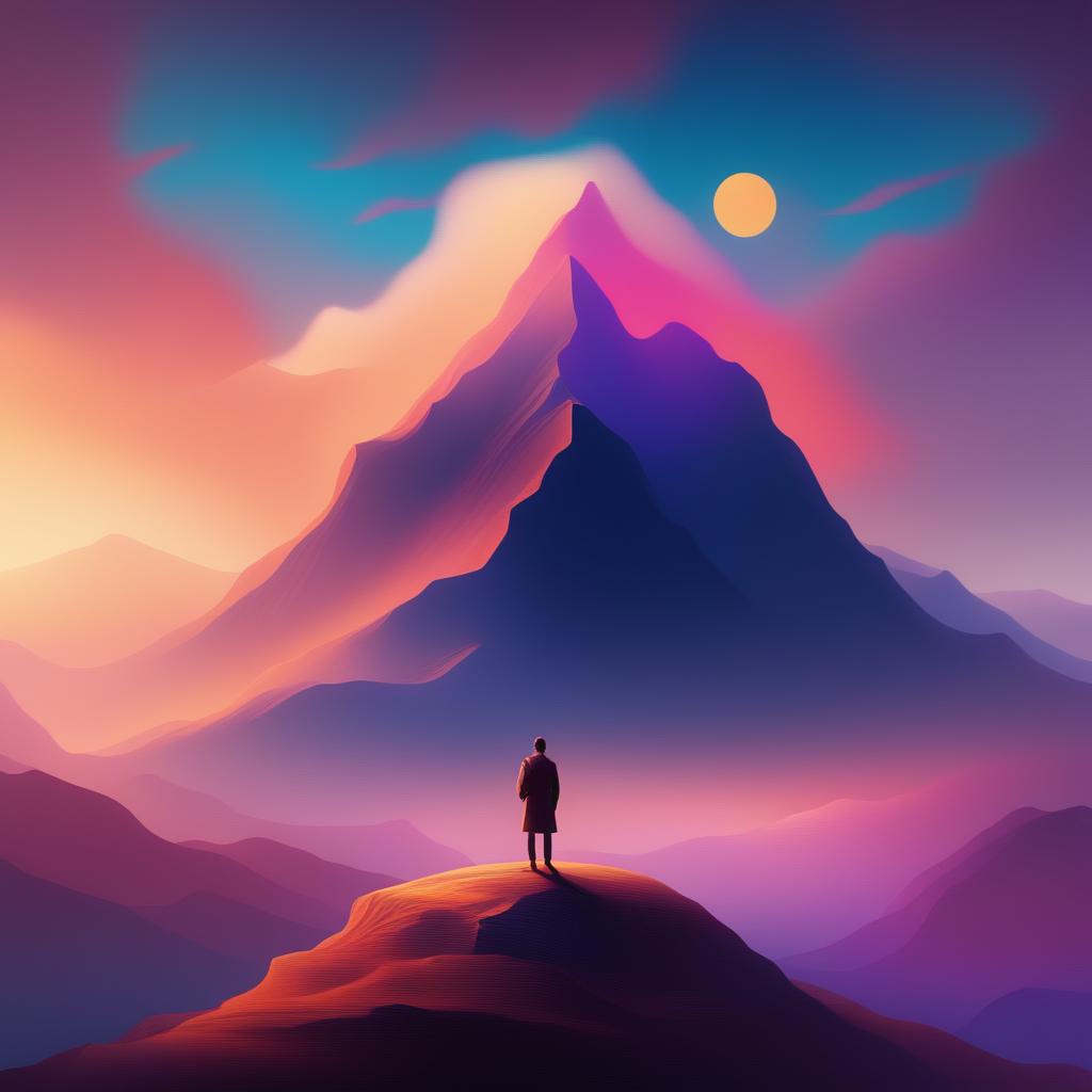 A high-quality digital artwork inspired by 'Thus Spoke Zarathustra', featuring a solitary figure standing atop a mountain peak against a vibrant dawn sky