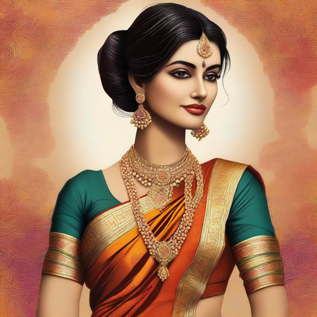 A digital art of an elegant woman, adorned in a vibrant sari, showcasing her beauty and grace