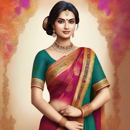 A digital art of an elegant woman, adorned in a vibrant sari, showcasing her beauty and grace