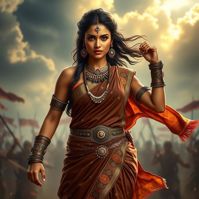 A beautiful Indian woman wearing a traditional brown saree, radiating strength and confidence as a warrior