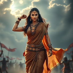 A beautiful Indian woman wearing a traditional brown saree, radiating strength and confidence as a warrior
