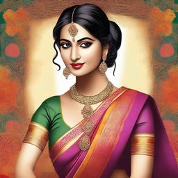 A digital art of an elegant woman, adorned in a vibrant sari, showcasing her beauty and grace