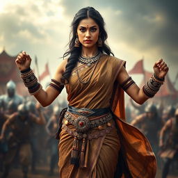 A beautiful Indian woman wearing a traditional brown saree, radiating strength and confidence as a warrior