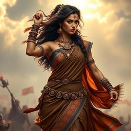 A beautiful Indian woman wearing a traditional brown saree, radiating strength and confidence as a warrior