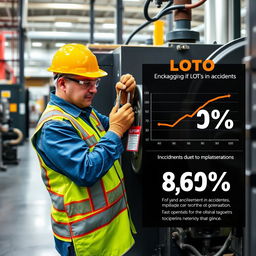 An industrial worker using a lockout/tagout (LOTO) procedure on equipment, showcasing safety and proper maintenance practices