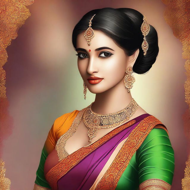 A digital art of an elegant woman, adorned in a vibrant sari, showcasing her beauty and grace