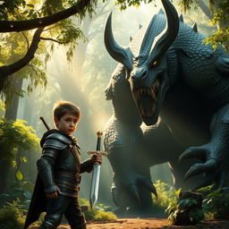 A brave young boy stands defiantly in front of a towering, fierce monster, gripping a shining sword in his hand