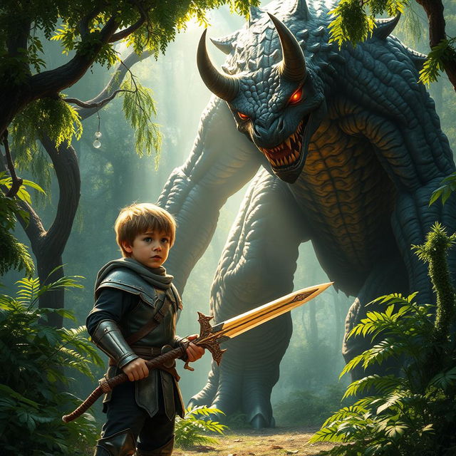 A brave young boy stands defiantly in front of a towering, fierce monster, gripping a shining sword in his hand