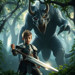 A brave young boy stands defiantly in front of a towering, fierce monster, gripping a shining sword in his hand