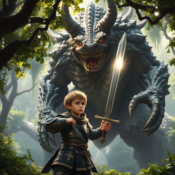 A brave young boy stands defiantly in front of a towering, fierce monster, gripping a shining sword in his hand