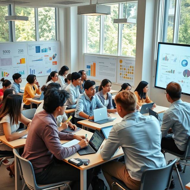 A lively scene of university students preparing for a proposal seminar