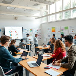 A lively scene of university students preparing for a proposal seminar