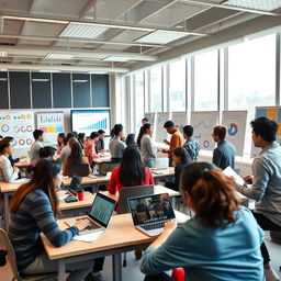 A lively scene of university students preparing for a proposal seminar