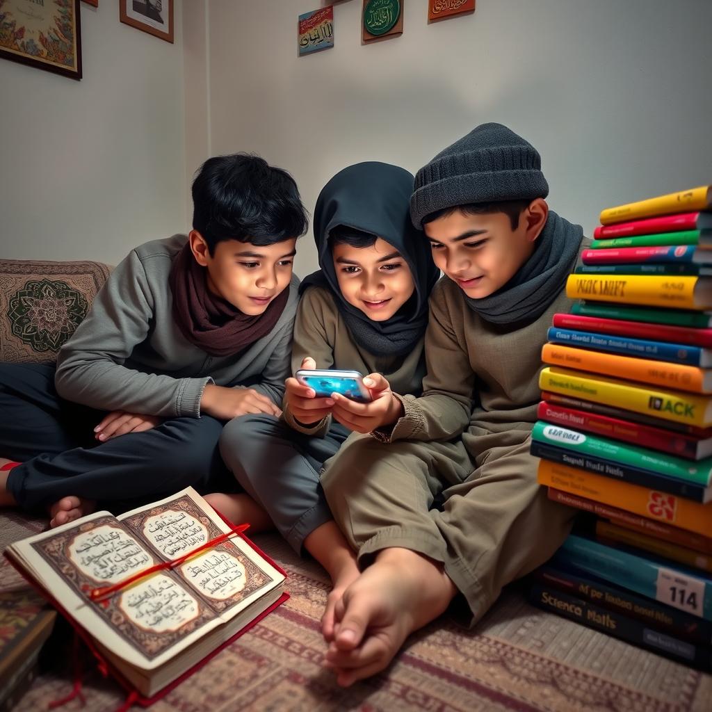 A group of three Muslim boys, casually dressed, sitting on the floor in a cozy room