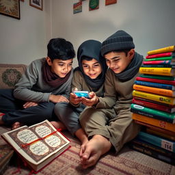 A group of three Muslim boys, casually dressed, sitting on the floor in a cozy room