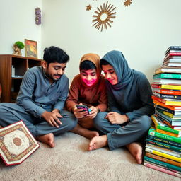 A group of three Muslim boys, casually dressed, sitting on the floor in a cozy room