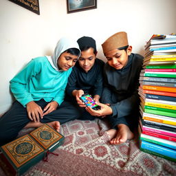 A group of three Muslim boys, casually dressed, sitting on the floor in a cozy room
