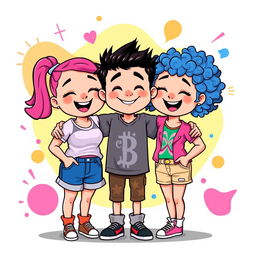 A colorful and vibrant vector art illustration of three friends: two chubby girls and one boy