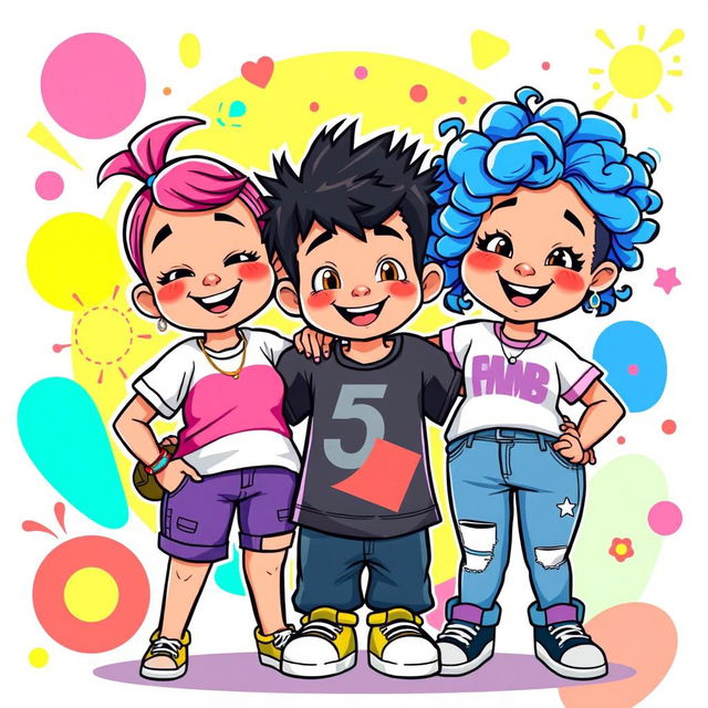 A colorful and vibrant vector art illustration of three friends: two chubby girls and one boy