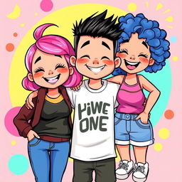 A colorful and vibrant vector art illustration of three friends: two chubby girls and one boy